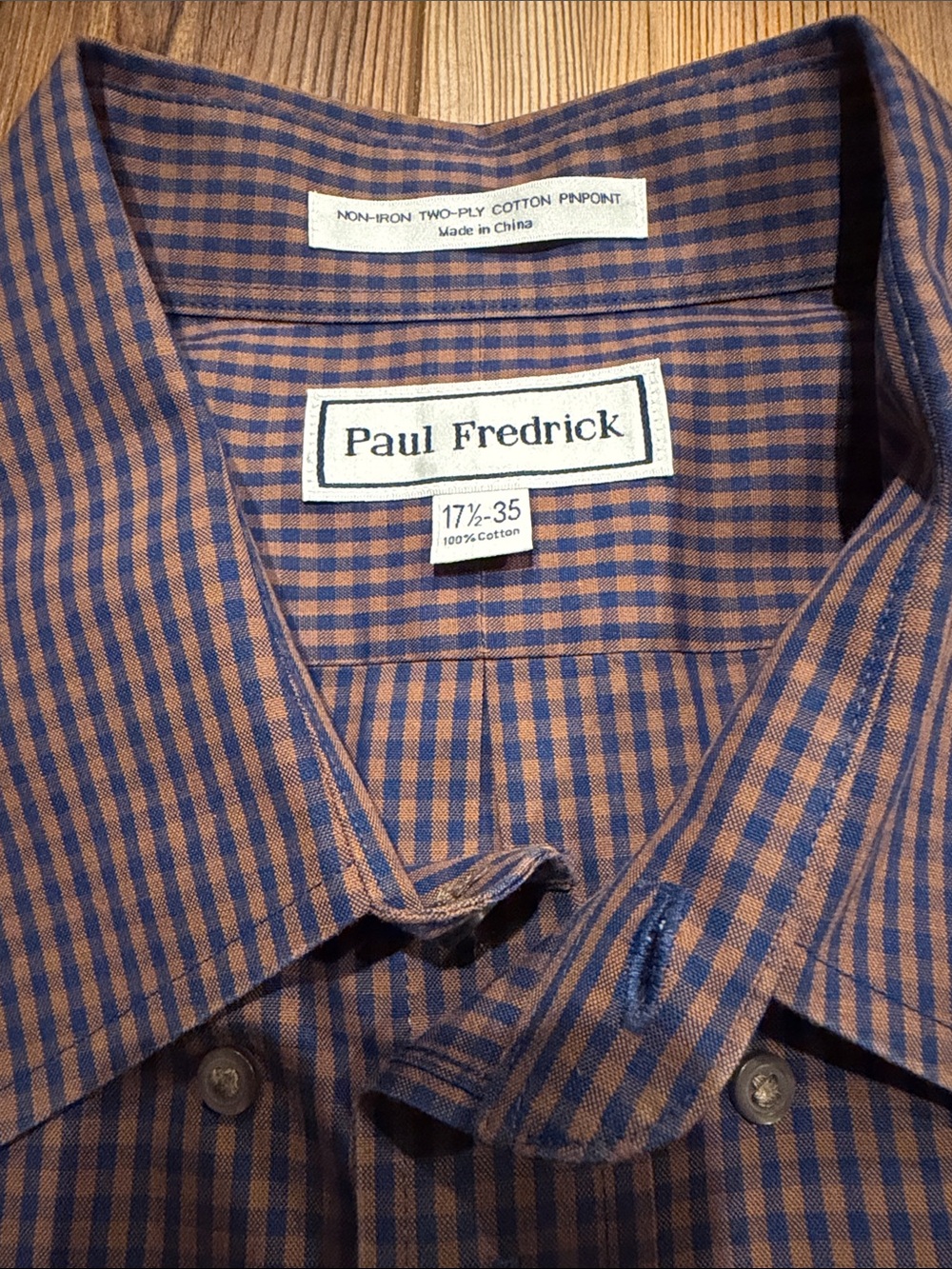 Paul Fredrick Men’s 17.5 35 Blue Brown Gingham Non-Iron Cotton Dress Shirt